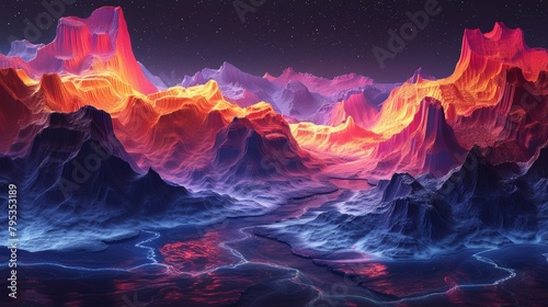 A beautiful alien landscape with glowing mountains and a river of lava.