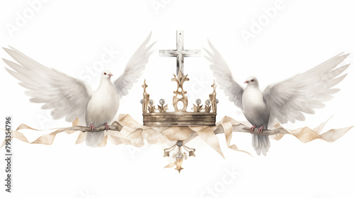 Holy trinity, symbol by crown, cross, and dove, depicted in watercolor artwork, reflecting essence of God and religion. Concept of Father, Son (believed to be incarnated as Jesus), and Holy Spirit.