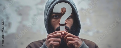 Man holding the question mark and looking at it.