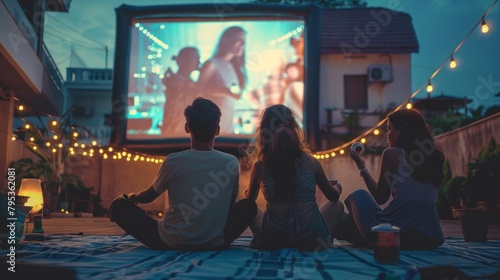 Three people are sitting on a blanket in front of a movie screen