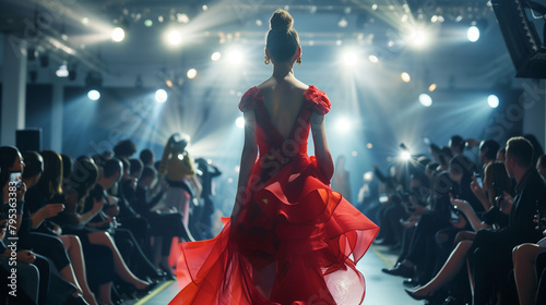 woman in red dress at a fashion show