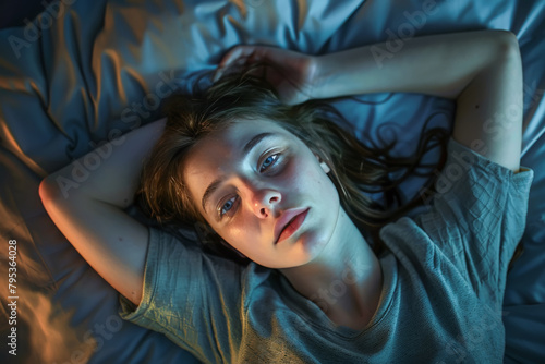 Chica joven adolescente de diciocho años tumbada en la cama con los brazos sobre la cabeza, ojos abiertos, con cara de angustia por no poder dormir por la noche. Concepto insomnio, stress o depresion