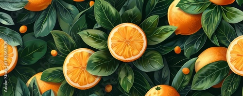 illustration featuring oranges nestled among leaves, created with a vectorized gouache technique, suitable for labels, prints, and banners.