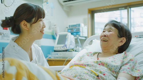 病室で看護師のケアを受ける日本人の笑顔の高齢女性