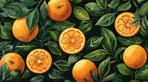 illustration featuring oranges nestled among leaves, created with a vectorized gouache technique, suitable for labels, prints, and banners.