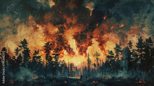 Dramatic painted background depicting forest fires, explosions, and the chaos of war.