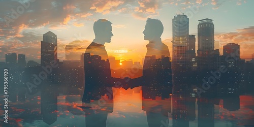 Successful Business Leaders Shaking Hands in Front of Magnificent Urban Skyline at Sunset