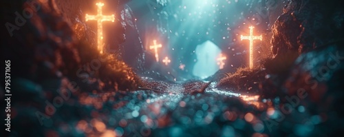 An artistic depiction of the Resurrection of Jesus Christ, featuring an empty tomb with a focus on the shroud and defocused crosses in the background, illuminated by flare lights effects.