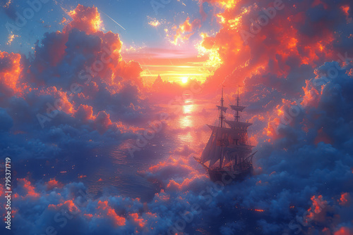 Fantastic Ancient Ship Sailing in the Clouds at Sunset