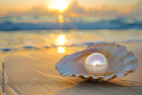 pearl on shell in a beach generated by AI