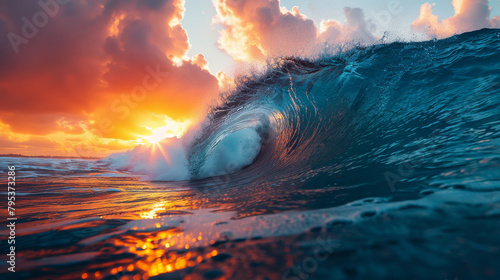 A wave is crashing in the ocean with a beautiful sunset in the background. The colors of the sunset are orange and pink, creating a warm and serene atmosphere. The water is calm and clear