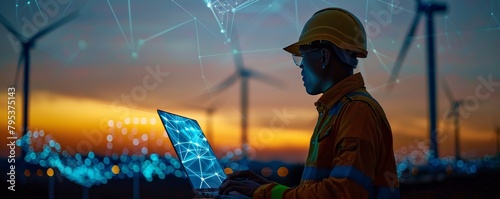 Silhouette of an engineer working on a laptop at a wind farm