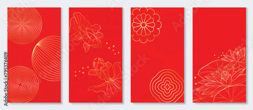 Happy Chinese New Year cover background vector. Luxury background design with goldfish, lotus flower, lantern. Elegant oriental illustration for cover, banner, website, calendar, card.