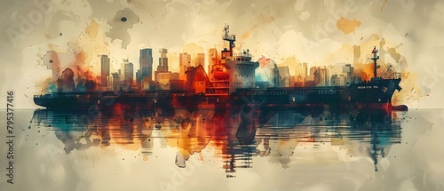 Digital artwork of cargo ships at harbor on a stylized world map. Concept Digital Art, Cargo Ships, Harbor, World Map, Stylized