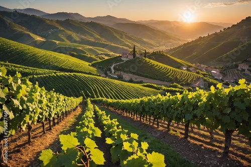 Lush grapevines in a Valley at sunrise