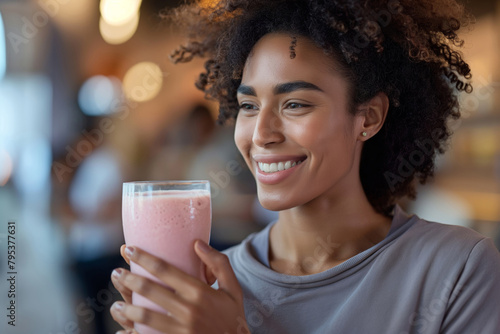 World Milk Day. A woman is happily holding a milkshake, smiling and drinking with a straw. Generative AI