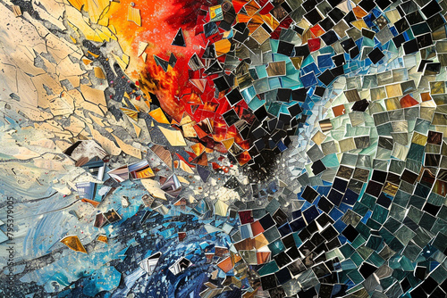 Fragmented shards of reality converging in a chaotic mosaic, reflecting the fractured nature of existence itself.