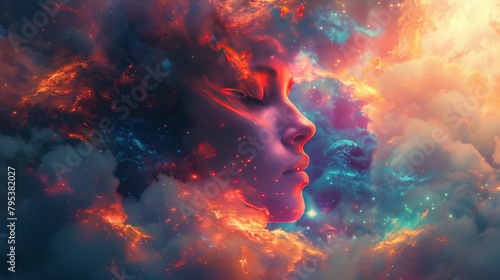 A beautiful woman's face is formed by a colorful nebula