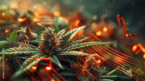 A beautifuly rendered image of a cannabis plant with musical notes flowing around it.