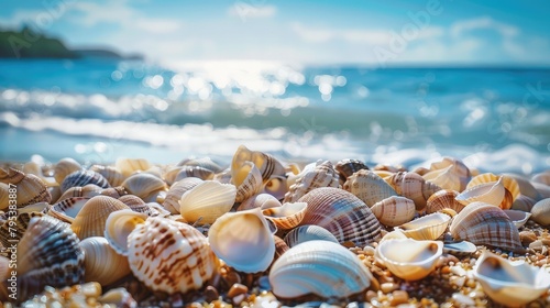 Seashells strewn across the shoreline, creating a picturesque scene against the backdrop of a clear blue sky in the summer.