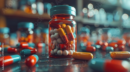 A close up of a bottle of pills with pills spilled on a table.