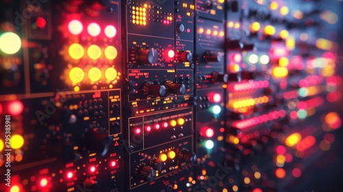 A close up of a large control panel with many flashing lights and buttons.