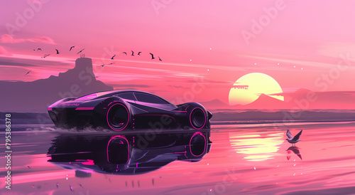 A grainy pink and purple digital artwork of an futuristic sport car driving on the beach at sunset. The car is reflected in still water with mountains visible behind it. 