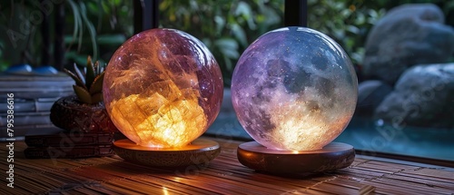 Two glowing orbs, one purple and one blue, sit on a table next to a pool