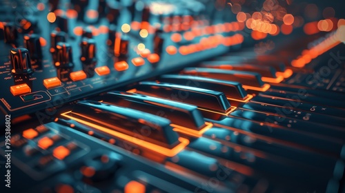 A close up of a synthesizer with orange lights.