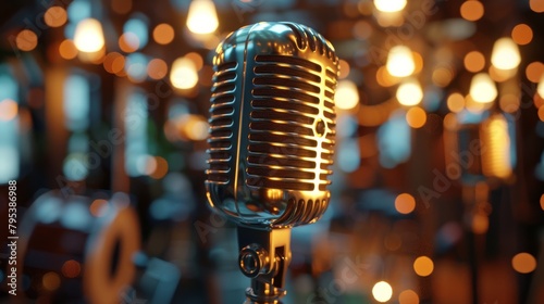 A close up of a vintage microphone with a warm, blurry background.