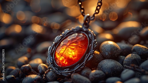 A necklace with a red stone in the center and a leaf design