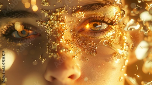 A close-up of a woman's face with gold glitter on her skin and around her eyes.