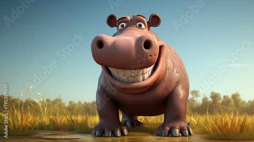 A cute cartoon of a hippopotamus character is reading the book in evening