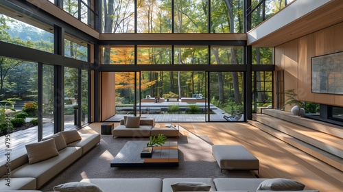 Elegant Modern Residence with Seamless Glass Wood and Stone Elements Framing Picturesque Forest Landscape