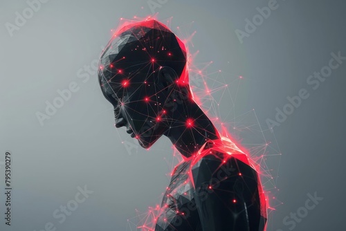 Polygonal figure with red vertices at pain points, human body discomfort visualization