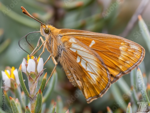 A butterfly is sitting on a flower. The butterfly is brown and white