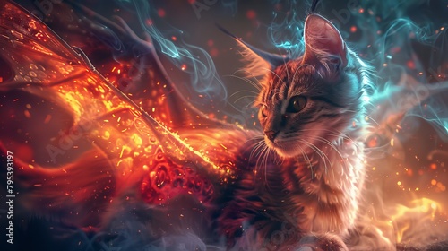 A digital painting of a cat with fire and ice powers.