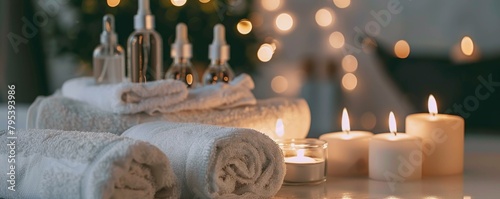 Serene spa ambiance: candles, essential oils, fluffy towels, promoting relaxation and self-care.