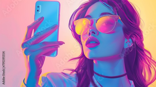 Fashionable surrealistic illustration: woman taking picture with smartphone.