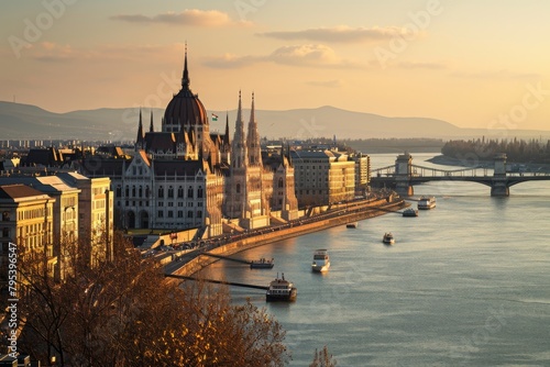 Budapest skyline with the strikingly beautiful Parliament building at Hungalian Parliament and Danube River, Budapest,, Ai generated
