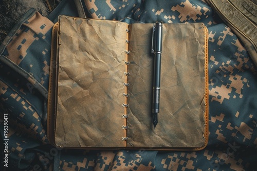 Poetic image of a soldier's journal open to a blank page, pen poised, capturing the unspoken, Memorial Day theme.