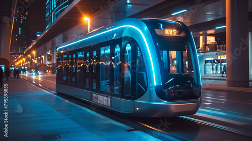 The image features a futuristic tram at night with a sleek design and illuminated accents