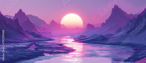 a futuristic landscape of nature, sun in the background and in the middle of the image, river in the middle meander between huge mountains, no people