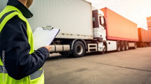 A male employee is checking the completeness of a cargo list written on a clipboard on a cargo truck parking lot.