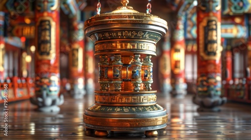 A golden prayer wheel with intricate carvings and colorful gemstones.