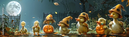 A group of ducklings waddle through a garden, each sporting a different pumpkinshaped helmet, quacking joyously under the autumn moon