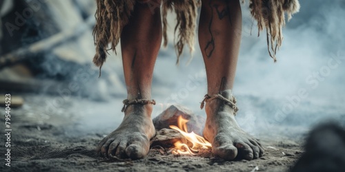 The legs of a prehistoric tribal leader. Stand by the fire near the cave dwelling. early human society