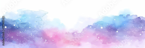 Watercolor sky with clouds and stars, dreamy, soft blue purple and pink color background , banner