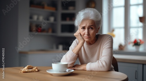 An old retired grandmother was at home with a pained expression on her face, sitting alone at the dining room table. Feeling lonely, sad, missing