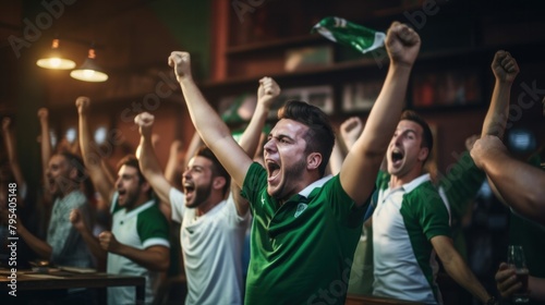 Excited soccer fans celebrate while watching soccer matches on TV during the World Cup in a bar. happily